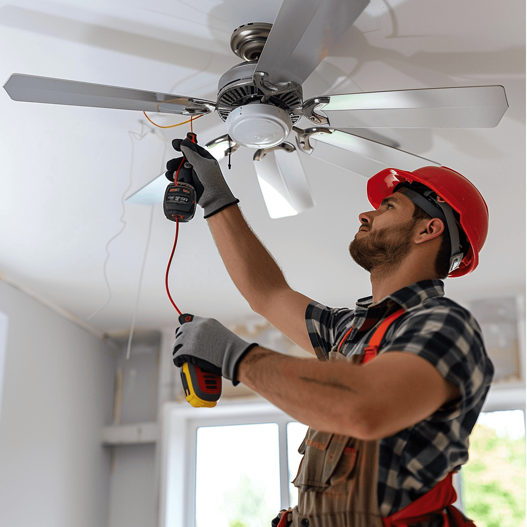 picture of an electrician installing a ceiling fan